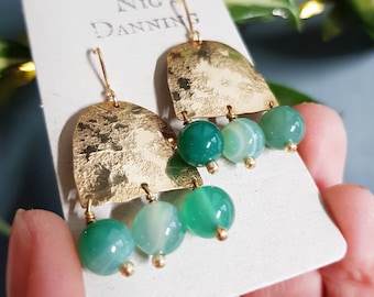 Beaten Brass and Green Agate 'Themis' Statement Earrings, Gold Arch nd Emerald Green, Made in Cornwall, Plastic Free, Ready to Gift.