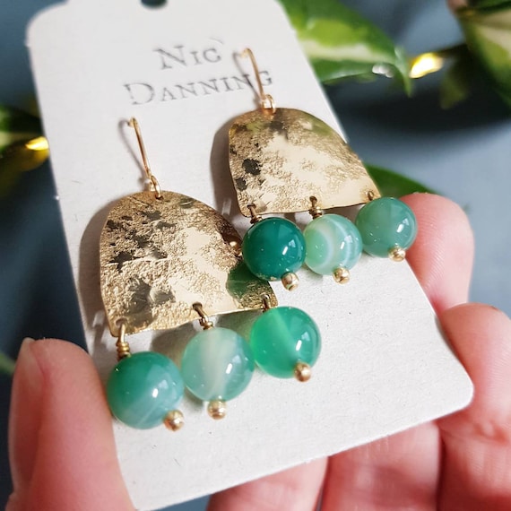 Beaten Brass Green Themis' Agate Statement Earrings, Gold Arch Emerald Green,  Handmade, gold ear wires Plastic free Product, Ready to Gift.