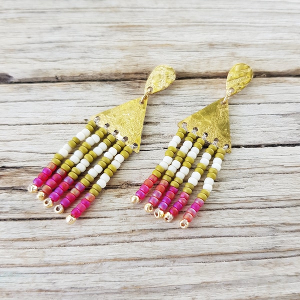 Olive Green and Hot Pink Beaten Brass Striped Beaded Fringe Stud Earrings, Karenza 'Scilly' Made in Cornwall, Plastic Free. Ready to Gift