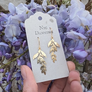 Gold Wisteria Leaf Earrings, Beaten Brass Botanical Jewelry, (Plastic Free) Handmade in Cornwall, Plastic free Product, Ready to Gift.