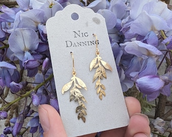 Gold 'Wisteria' Earrings, Leaf Sprig, Beaten Brass, Handmade in Cornwall, Period Drama Perfect. Plastic Free. Bridal, Ready to Gift.