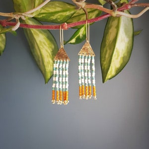 Beaten Brass Beaded Fringe Earrings, Turquoise Mustard & Ivory Stripes, Karenza 'St. Ives' Made in Cornwall, Plastic Free. Ready to Gift image 1