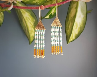 Beaten Brass Beaded Fringe Earrings, Turquoise Mustard & Ivory Stripes, Karenza 'St. Ives' Made in Cornwall, Plastic Free. Ready to Gift