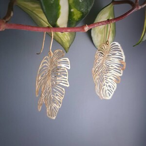 Beaten Brass, Gold Tempest 'Monsoon' Light Monstera Leaf Hammered Statement Earrings, Made in Cornwall, Plastic Free. Bridal, Ready to Gift. image 7