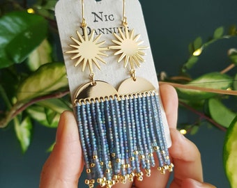 Gold and Blue Grey, Beaded Fringe Hera 'Oracle' Earrings in 'Fantasma', made in Cornwall, Plastic Free Shop, Bridal, Ready to Gift.