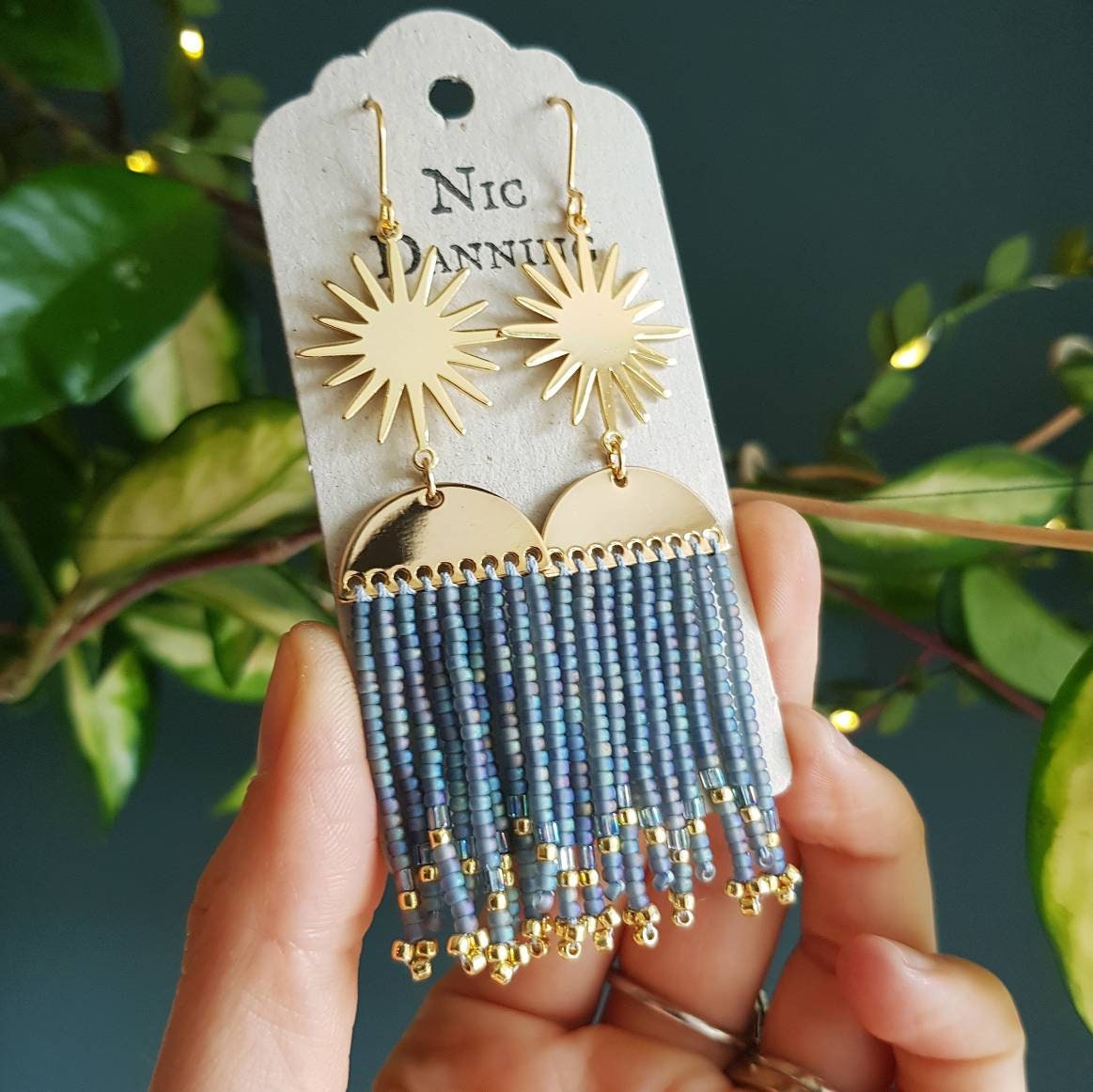 Gold & Blue Grey, Beaded Fringe Hera "Oracle’ Earrings in