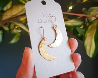 Beaten Brass, Gold Tempest 'Demi Lune' Crescent Moon, Hammered Mismatched Earrings, Made in Cornwall, Plastic Free. Bridal, Ready to Gift.