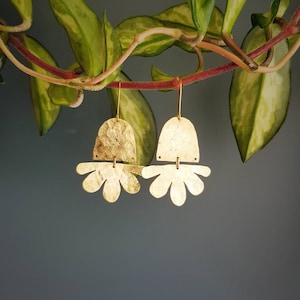 Beaten Brass, Gold Tempest &#39;Flos&#39; Abstract Flower Hammered Statement Earrings, Handmade in Cornwall, Plastic Free. Bridal, Ready to Gift.