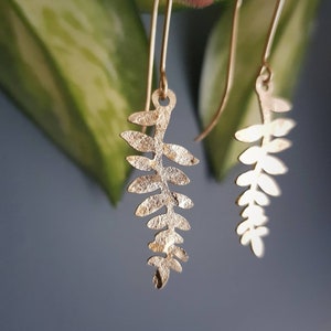 Beaten Brass, Gold Tempest 'Folia' Little Leaf Sprig Hammered Statement Earrings, Handmade in Cornwall, Plastic Free. Bridal, Ready to Gift. image 1