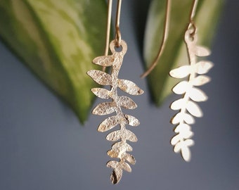 Beaten Brass, Gold Tempest 'Folia' Little Leaf Sprig Hammered Statement Earrings, Handmade in Cornwall, Plastic Free. Bridal, Ready to Gift.