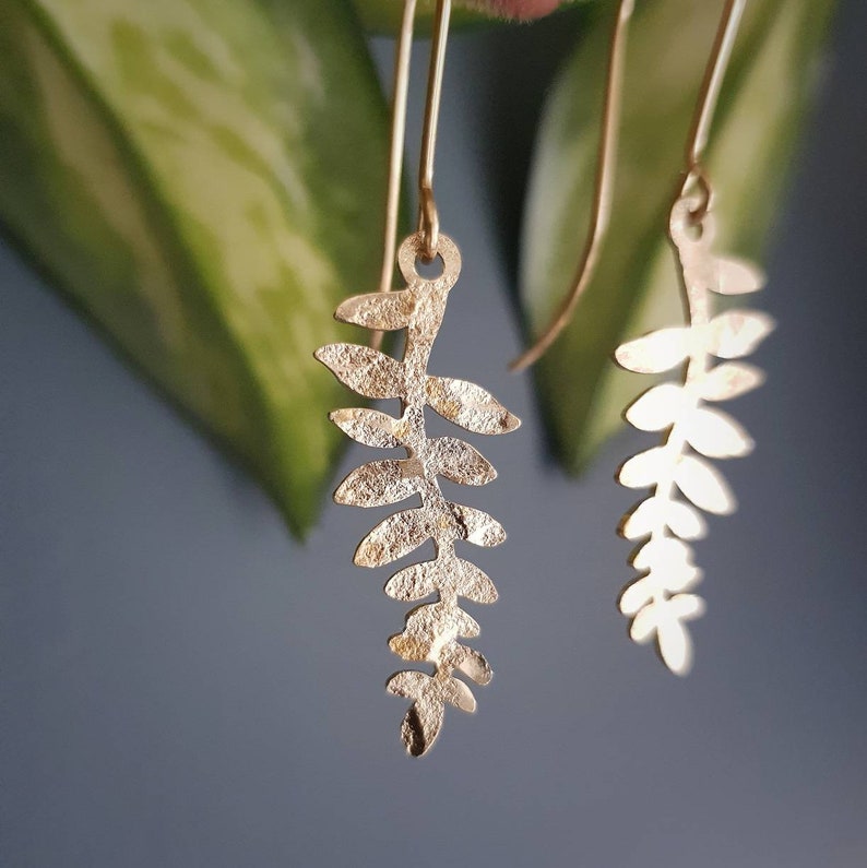 Beaten Brass, Gold Tempest 'Folia' Little Leaf Sprig Hammered Statement Earrings, Handmade in Cornwall, Plastic Free. Bridal, Ready to Gift. image 1