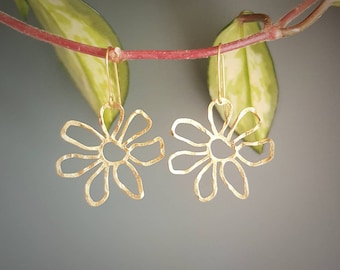 Beaten Brass, Gold Tempest 'Bloom' Daisy Flower, Hammered Statement Earrings, Handmade in Cornwall, Plastic Free. Bridal, Ready to Gift.