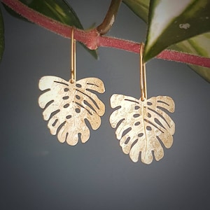 Beaten Brass, Gold Tempest 'Mini Tropic' Monstera Leaf Hammered Statement Earrings, Made in Cornwall, Plastic Free. Bridal, Ready to Gift. image 1