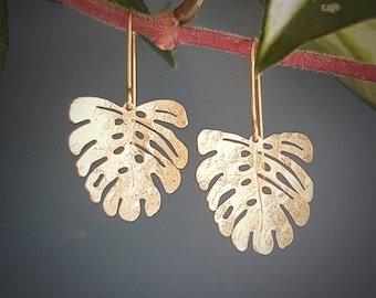 Beaten Brass, Gold Tempest 'Mini Tropic' Monstera Leaf Hammered Statement Earrings, Made in Cornwall, Plastic Free. Bridal, Ready to Gift.