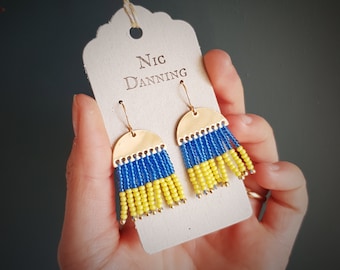 STAND WITH UKRAINE. Ten Pounds Per Pair to Shelterbox and Unicef Charities. Handmade in Cornwall, Plastic Free, Beaded Earrings.