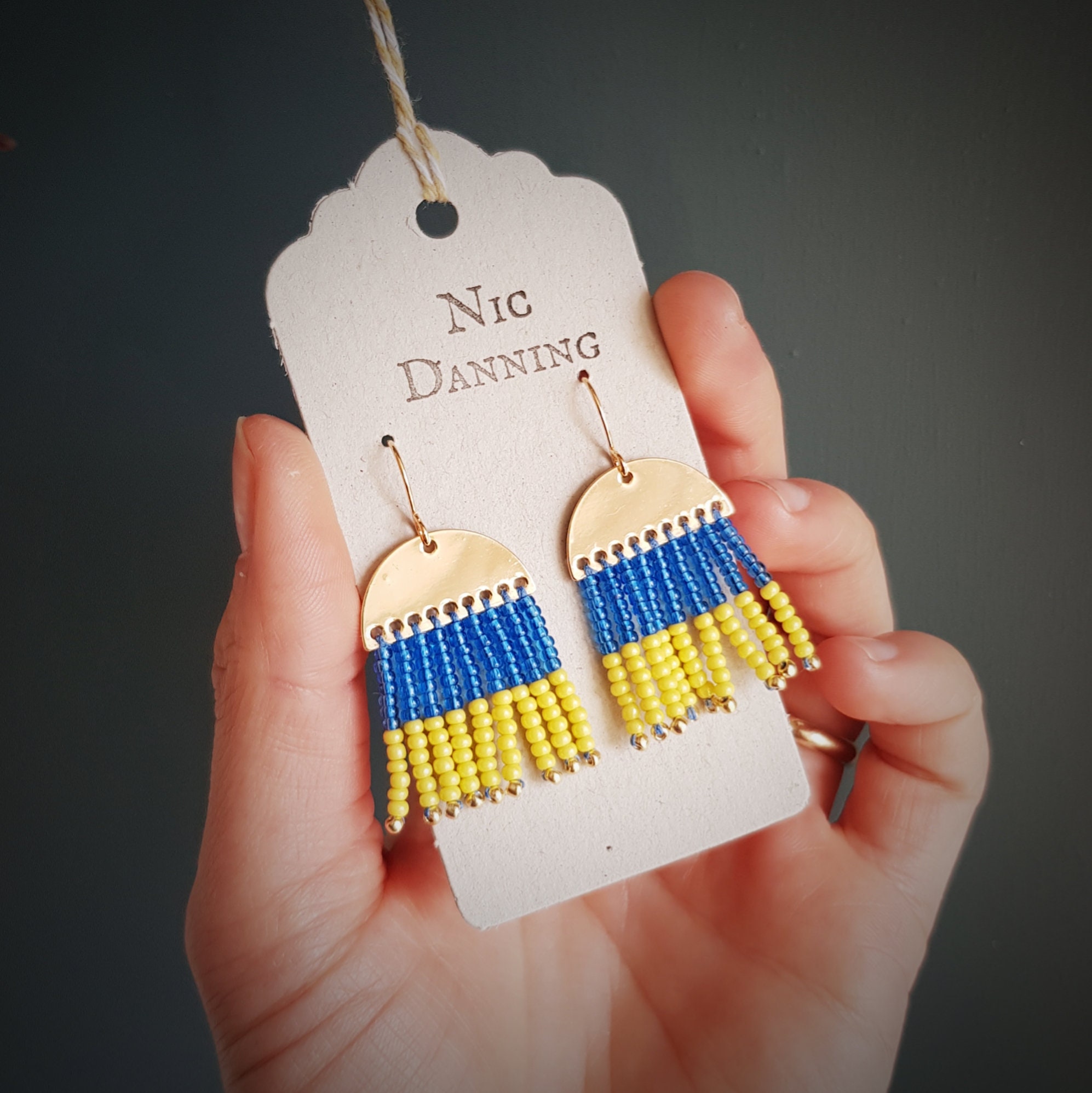 stand With Ukraine. Ten Pounds Per Pair To Shelterbox & Unicef Charities. Handmade in Cornwall, Plastic Free, Beaded Earrings