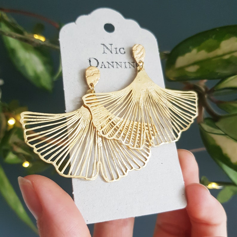 Golden Leaves Stud MAXI 'Ginkgo' Earrings, Hammered Brass, Made in Cornwall. Plastic free Product, Ready to Gift. image 2