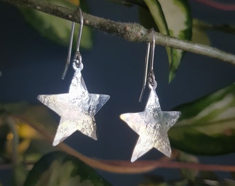 Silver Star 'Stella' Earrings, Eco Friendly Hammered Stainless Steel, Handmade in Cornwall, Plastic Free. Elegant Bridal, Ready to Gift.