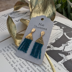 Gold and Teal Beaten Brass Stud Earrings, Hand Beaded Fringe, Ancient Egyptian 'Thebes' in 'Delta', Silk or Cotton, Plastic Free. zdjęcie 1