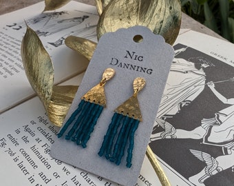 Gold and Teal Beaten Brass Stud Earrings, Hand Beaded Fringe, Ancient Egyptian 'Thebes' in 'Delta', Silk or Cotton, Plastic Free.