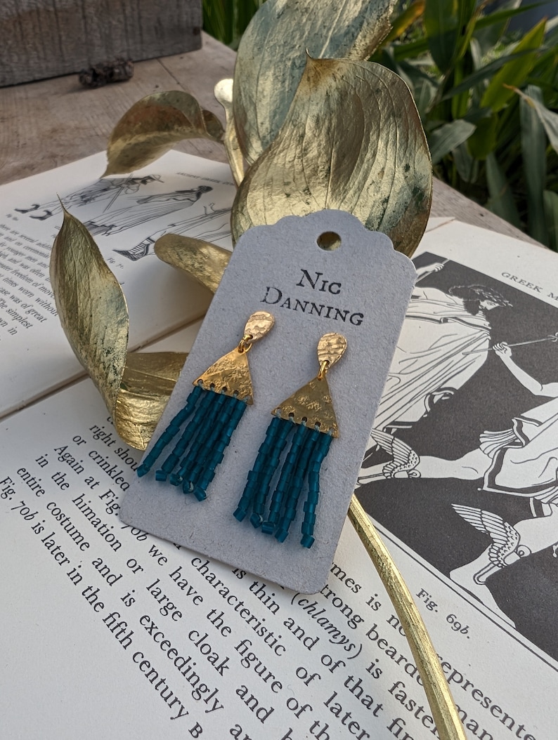 Gold and Teal Beaten Brass Stud Earrings, Hand Beaded Fringe, Ancient Egyptian 'Thebes' in 'Delta', Silk or Cotton, Plastic Free. zdjęcie 1