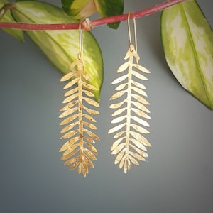 Beaten Brass, Gold Tempest 'Frond' Long Palm Leaf Hammered Statement Earrings, Handmade in Cornwall, Plastic Free. Bridal, Ready to Gift. image 1