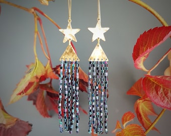 Gold and Teal Earrings, Beaten Brass Star, Beaded Fringe, in 'Spellbound', Made in Cornwall, Plastic Free, Vegan Available, Ready to Gift