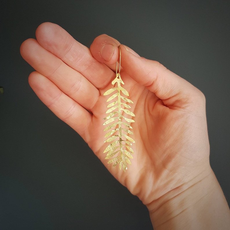 Beaten Brass, Gold Tempest 'Frond' Long Palm Leaf Hammered Statement Earrings, Handmade in Cornwall, Plastic Free. Bridal, Ready to Gift. image 6