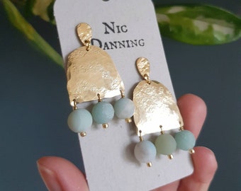 Beaten Brass and Amazonite 'Theia' Stud Statement Earrings, Gold Arch, Made in Cornwall, Plastic Free, Ready to Gift.