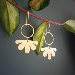 Beaten Brass, Gold Tempest 'Geum' Circle & Flower Hammered Statement Earrings, Handmade in Cornwall, Plastic Free. Bridal, Ready to Gift.
