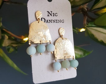 Beaten Brass and Amazonite 'Theia' Stud Statement Earrings, Gold Arch, Made in Cornwall, Plastic Free, Ready to Gift.