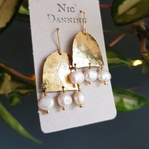Beaten Brass Freshwater Pearl 'Eos' Statement Earrings, June Birthstone, Gold Arch, Cornwall Made, Plastic free Product, P&P, Ready to Gift. image 1