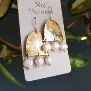 Beaten Brass and Frehswater Pearl 'Eos' Statement Earrings, June Birthstone, Gold Arch, Made in Cornwall, Plastic Free, Ready to Gift.