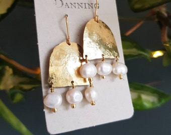 Beaten Brass and Frehswater Pearl 'Eos' Statement Earrings, June Birthstone, Gold Arch, Made in Cornwall, Plastic Free, Ready to Gift.