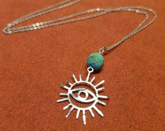 Turquoise, sterling silver, and Beaten Stainless Steel 'Himaya' necklace, Turkey and Syria CHARITY FUNDRAISER, Plastic Free Gifting