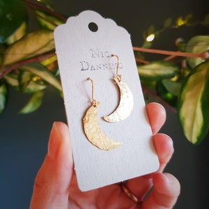 Beaten Brass, Gold Tempest &#39;Demi Lune&#39; Crescent Moon, Hammered Mismatched Earrings, Made in Cornwall, Plastic Free. Bridal, Ready to Gift.