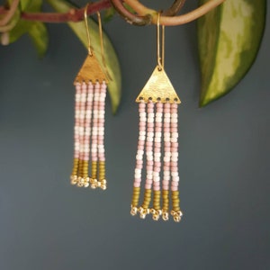 Beaten Brass Beaded Fringe Earrings, Pink Ivory and Olive Green Stripes, Karenza 'Lamorna' Made in Cornwall, Plastic Free. Ready to Gift.