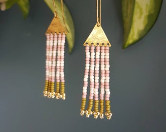 Beaten Brass Beaded Fringe Earrings, Pink Ivory and Olive Green Stripes, Karenza 'Lamorna' Made in Cornwall, Plastic Free. Ready to Gift.