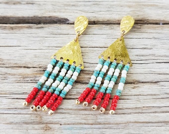 Turquoise and Red Beaten Brass Striped Beaded Fringe Stud Earrings, Karenza 'Godrevy' Made in Cornwall, Plastic Free. Ready to Gift