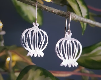Silver Botanical 'Poppy' Earrings, Hammered, Eco Friendly Stainless steel, Made in Cornwall. Plastic free Product, P&P, Ready to Gift.