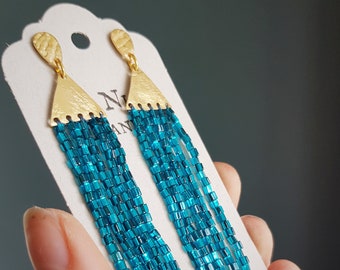 Gold and Teal Blue Stud 'Comet' Earrings, Hand Beaded Fringe in 'Interstellar', Cornish Maid, Plastic Free, Festival Chic, Ready to Gift.