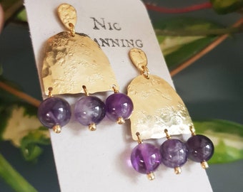 Beaten Brass and Amethyst 'Leto' Stud Statement Earrings, February Birthstone, Gold Arch, Made in Cornwall, Plastic Free, Ready to Gift.