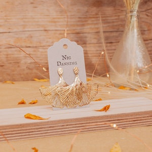 Golden Leaves Stud MAXI 'Ginkgo' Earrings, Hammered Brass, Made in Cornwall. Plastic free Product, Ready to Gift. image 4