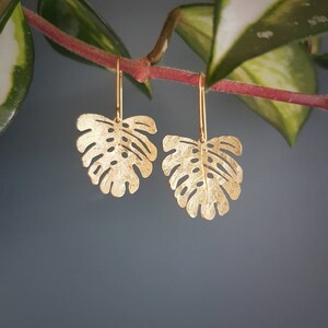 Beaten Brass, Gold Tempest 'Mini Tropic' Monstera Leaf Hammered Statement Earrings, Made in Cornwall, Plastic Free. Bridal, Ready to Gift. image 4