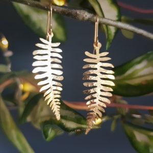 Golden Leaf 'Fern' Earrings, Hammered, Eco Friendly Stainless steel, Made in Cornwall. Plastic free Product, P&P, Ready to Gift. image 1
