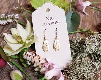 Gold Teardrop 'Dew' Elegant Beaten Brass Minimalist Earrings, Handmade in Cornwall, Plastic Free. Atrisan, Bridal, Ready to Gift.