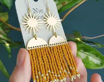 Mustard and Gold Hand Beaded Fringe 'Oracle' Earrings in 'Yellow Ochre'. Hand made in Cornwall. Ready to Gift. Gift wrapped as Standard.