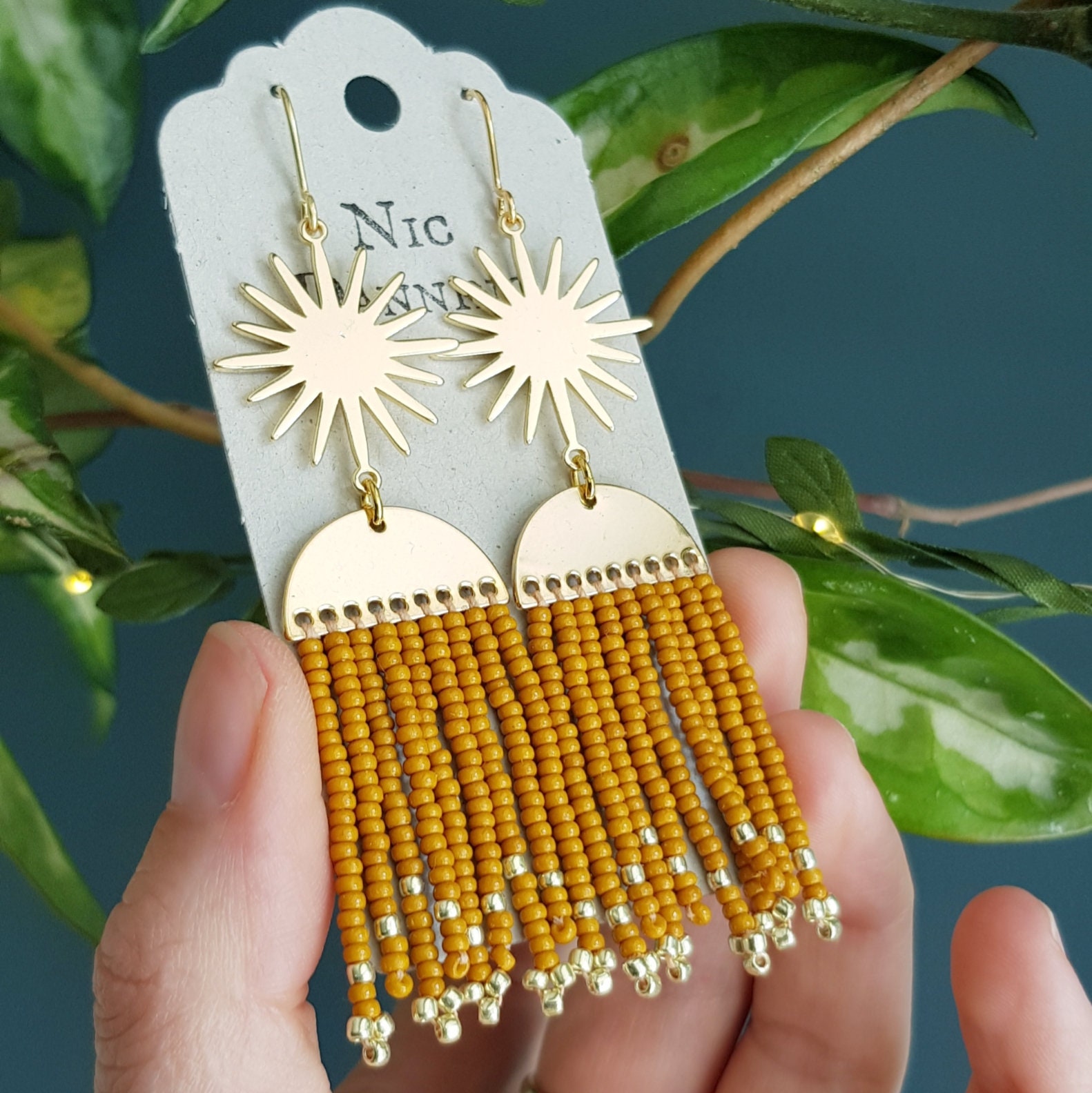 Mustard & Gold Hand Beaded Fringe "Oracle’ Earrings in