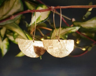 Beaten Brass, Gold Tempest &#39;Eclipse&#39; Half Moon, Hammered Statement Earrings, Handmade in Cornwall, Plastic Free. Bridal, Ready to Gift.