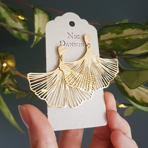 Golden Leaves Stud MAXI 'Ginkgo' Earrings, Hammered Brass, Made in Cornwall. Plastic free Product, Ready to Gift. image 3